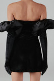 Vestidos de falda de lápiz con hombros descubiertos de patchwork sólido sexy negro