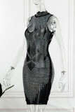 Абрикосовое сексуальное однотонное лоскутное горячее платье с круглым вырезом и юбкой в ​​один шаг