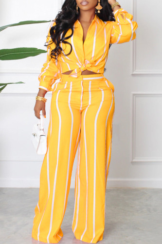 Yellow Casual Striped Print Basic Turndown Collar Long Sleeve Two Pieces