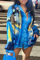 Blue Casual Print Patchwork Buckle Turndown Collar Tops
