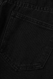 Schwarze, lässige, solide, ausgehöhlte, gerade Denim-Jeans mit hoher Taille