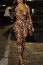 Leopard Print Sexy Print Patchwork Off the Shoulder Skinny Jumpsuits