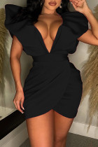 Черное сексуальное однотонное лоскутное платье с открытой спиной и V-образным вырезом
