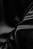 Zwarte sexy straat effen patchwork hoge opening vierkante kraag A-lijn jurken