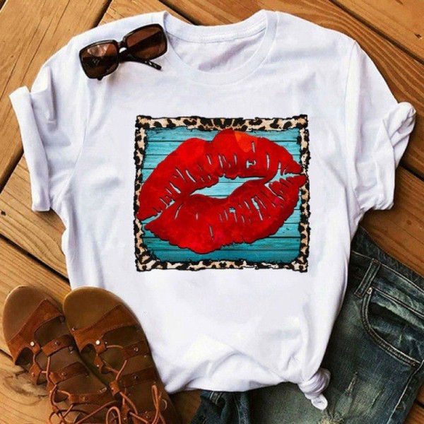Blauw-rode casual lippen bedrukte basic O-hals T-shirts