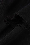 Jeans de mezclilla rectos de cintura alta ahuecados rasgados sólidos casuales negros