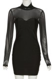 Black Sexy Solid Patchwork See-through Turtleneck Long Sleeve Dresses