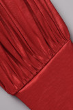 Rojo Elegante Sólido Patchwork Medio Cuello Alto Vestido De Noche Vestidos De Talla Grande