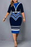 Blauwe casual print patchwork O-hals A-lijn grote maten jurken