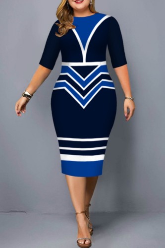 Bleu Casual Imprimé Patchwork O Cou Une Ligne Plus La Taille Robes