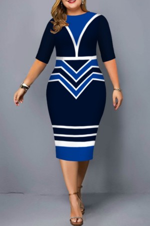 Blue Casual Print Patchwork O Neck A Line Plus Size Dresses