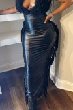 Falda casual sólido borla patchwork hendidura flaco cintura alta color sólido convencional negro