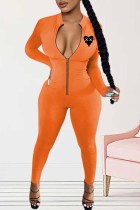Orange Sexy Print Patchwork Zipper Collar Jumpsuits