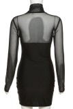 Zwarte sexy effen patchwork doorzichtige coltrui jurken met lange mouwen
