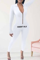 White Sexy Print Letter Zipper Collar Jumpsuits