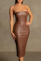 Brown Sexy Solid Backless Strapless Sleeveless Dress Dresses