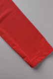 Rojo sexy casual patchwork transparente contraste o cuello manga larga dos piezas