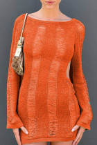 Tangerine Red Sexy Solid Hollow Out Patchwork Backless O Neck Abiti con gonna a un passo