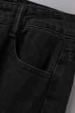 Zwarte casual effen gescheurde uitgeholde rechte spijkerbroek met hoge taille