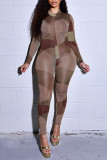 Brown Sexy Print Patchwork durchsichtige O-Neck Skinny Jumpsuits