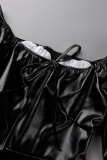 黒のセクシーなストリート ソリッド パッチワーク ハイオープニング スクエア カラー A ライン ドレス