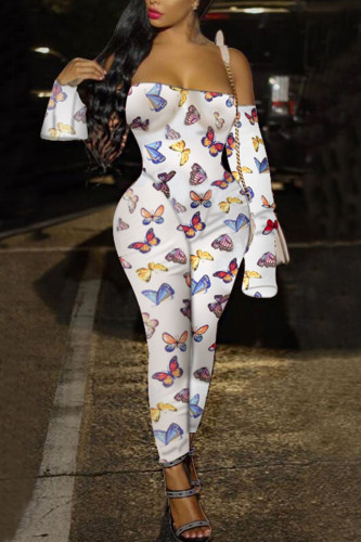 White Sexy Print Patchwork Off the Shoulder Skinny Jumpsuits