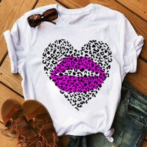 T-shirt con collo a O di base stampate con labbra casual bianche viola