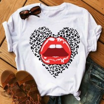 T-shirt con collo a O di base stampate con labbra casual rosse nere