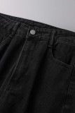 Calça jeans preta casual sólida rasgada vazada cintura alta reta