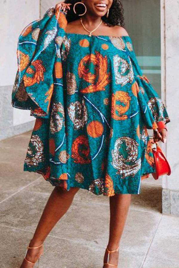 Green Fashion Off The Shoulder A Line African Print Short Dress
