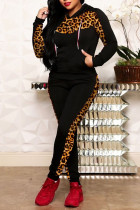 negro casual estampado leopardo camuflaje estampado patchwork cuello con capucha manga larga dos piezas