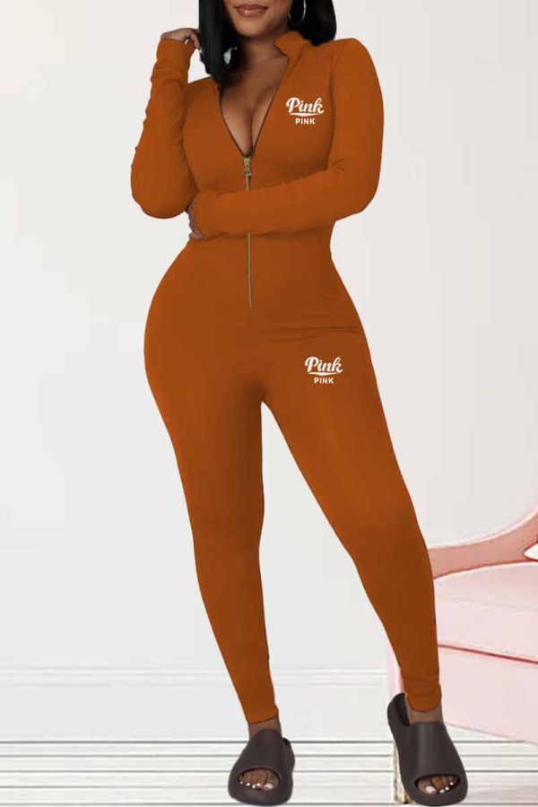 オレンジ セクシー プリント レター ジッパー カラー ジャンプスーツ