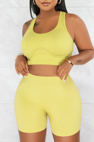 Light Yellow Casual Solid Patchwork U Neck Sleeveless Two Pieces