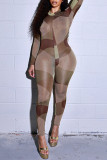 Brown Sexy Print Patchwork durchsichtige O-Neck Skinny Jumpsuits