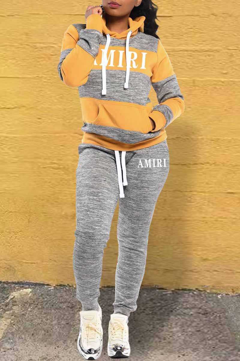 

Yellow Casual Striped Print Letter Hooded Collar Long Sleeve Two Pieces