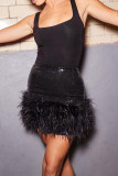 Black Sexy Street Solid Sequins Patchwork Feathers High Waist Pencil Solid Color Bottoms