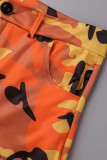 Оранжевые повседневные брюки с камуфляжным принтом, обычные маленькие эластичные брюки-карандаш со средней посадкой