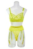 Fluorescent Yellow Sexy Solid Patchwork See-through Backless Lingerie