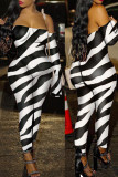 Zebra Sexy Print Patchwork Off the Shoulder Skinny Jumpsuits