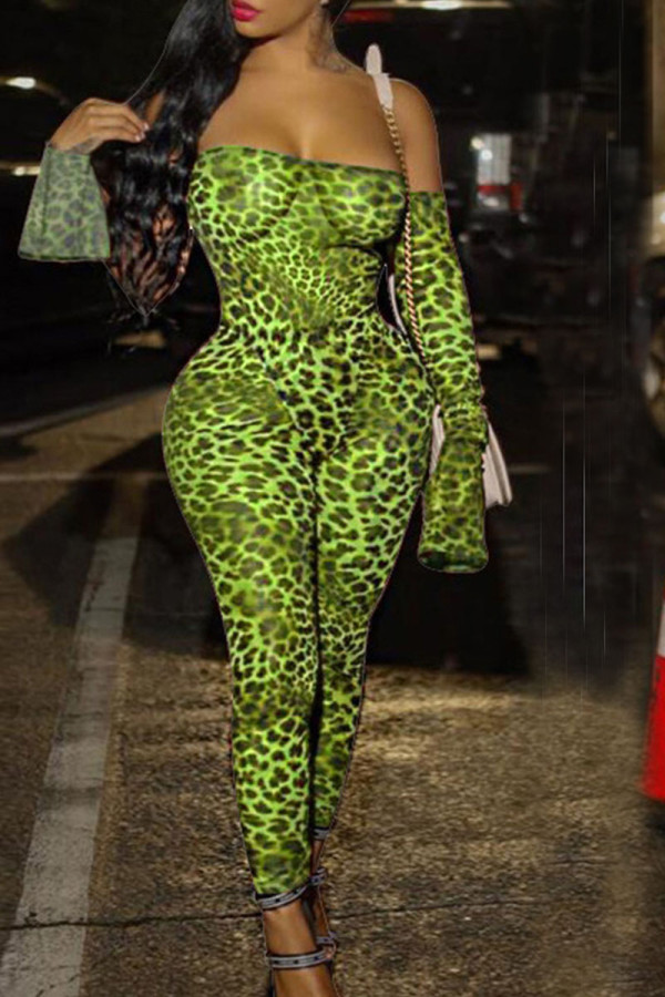 Grüne Sexy Print Patchwork aus der Schulter Skinny Jumpsuits