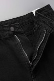 Calça jeans preta casual sólida rasgada vazada cintura alta reta