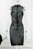 Абрикосовое сексуальное однотонное лоскутное горячее платье с круглым вырезом и юбкой в ​​один шаг