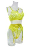 Fluorescent Yellow Sexy Solid Patchwork See-through Backless Lingerie