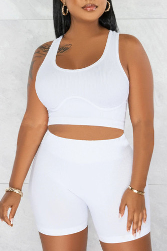 White Casual Solid Patchwork U Neck Sleeveless Two Pieces