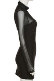 Vestidos de manga larga de cuello alto transparentes de patchwork sólido sexy negro