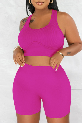 Rose Red Casual Solid Patchwork U Neck Sleeveless Two Pieces