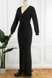 Zwarte sexy effen vouw V-hals asymmetrische jurken