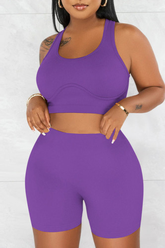 Dark Purple Casual Solid Patchwork U Neck Sleeveless Two Pieces