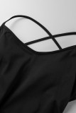 Schwarze Sportswear Solide Patchwork Rückenfrei Schlitz Spaghettiträger Skinny Jumpsuits