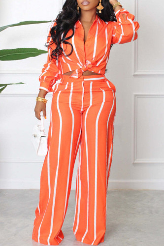 Orange Casual Striped Print Basic Turndown Collar Long Sleeve Two Pieces